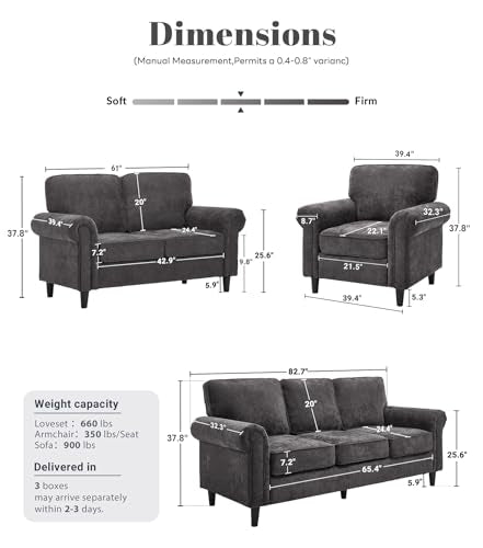 Loveseat 2&3 Seater Couch with Chair, Mid Century Modern Chenille Sofa Set with Rolled Arms and Deep Seats, Fluffy Comfort for Living Room, Apartment, Easy Assembly, Grey - color: Grey, size: Chenille Standard + Loveseat + Chair
