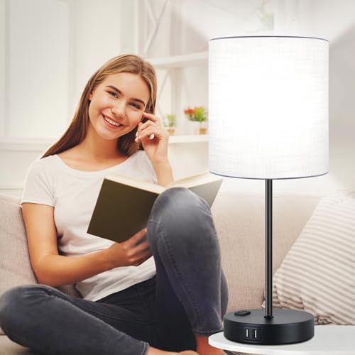 Lynnoland Set of 2 Touch Control Table Lamps with 2 USB & AC Outlet, 3-Way Dimmable Bedside Nightstand Lamps for Bedroom Living Room Nursery, 800 Lumens 5000K Daylight Bulbs Included - color: (2 Pack)White & Matte Black(Base)-5000K Bulbs Included