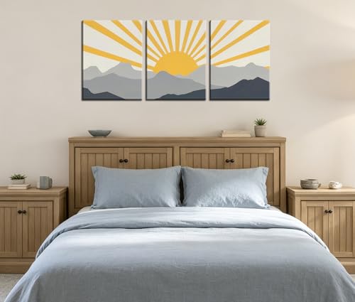 Frimeeme Modern Boho Sun Canvas Wall Art, Set of 3, Yellow and Gray Mountain Sunrise, 12x16 Inch Each, Framed - color: Framed - Sun Canvas Wall Art, size: 12"L x 16"W x 3Pieces