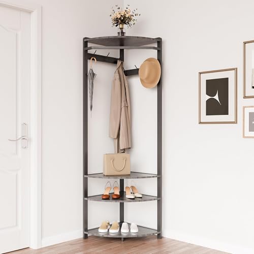 Corner Hall Tree with Shoe Bench & 6 Double Hooks, Space-Saving Entryway Corner Coat Rack with Storage Organizer & Shelf, Multi-Functional Hallway Storage Tree for Entryway, Hallway, Rustic Grey