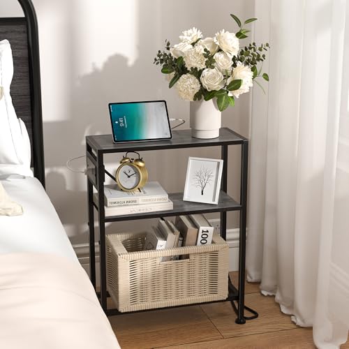 Small Narrow Side Table with Charging Station, Skinny End Table for Small Spaces, Slim Nightstand with Outlets, Sofa Bedside Table in Living Room, Bedroom, Study, Kitchen and Balcony(Grey) - color: Grey