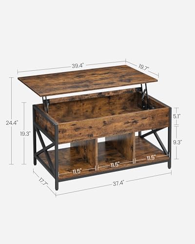 VASAGLE Lift Top Coffee Table with Storage Shelf, 3 Compartments | Coffee Table for Living Room, Adjustable Height, 19.7 x 39.4 x (19.3-24.4) Inches, Rustic Brown and Black ULCT202B01 - color: Rustic Brown + Black, size: 39.4"W x 24.4"H