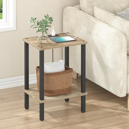 TUTOTAK End Table with Charging Station, Side Table Set of 2, Nightstand | 2-Tier Storage Shelf, Bedside Table with USB Ports, Sofa Table for Small Space, Livingroom, Bedroom Greige V1TB01BG041 - color: Greige