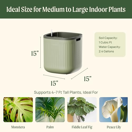 15 Inch Self-Watering Planter for Indoor Plants – Large Modern Plant Pot with Built-In Water Reservoir, Ideal for Monstera, Fiddle Leaf Fig, Palms & Peace Lily, Without Trellis (1, Sage Green) - color: Sage Green