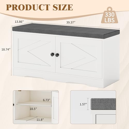 Apicizon Shoe Storage Bench, 2 Tier Entryway Bench with Padded Seat Cushion, 2 Barn Doors, Adjustable Shelves, 39.37" Shoe Bench with Storage for Entrance Hallway Bedroom Living Room, Beige White - color: Beige White, size: 39Inch