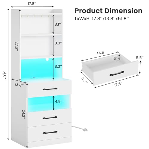 Tall Nightstand with Charging Station and LED Lights, Large White Night Stand with Bookshelf, Modern LED Bedside Table with 3 Drawers and Storage Shelves, End Side Table for Bedrooms, Dorms - color: White, size: 1 Pack