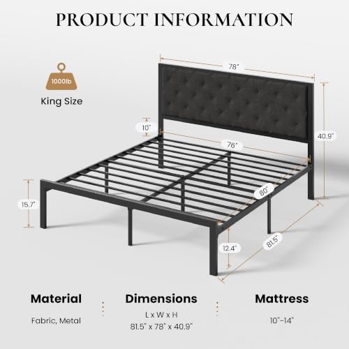 SHA CERLIN King Size Metal Bed Frame with Linen Tufted Headboard, Dark Gray | Modern Design Heavy-Duty Platform Bed, No Box Spring Need, Linen Fabric Upholstery, Noise Free, Easy Assembly - color: Dark Grey, size: King