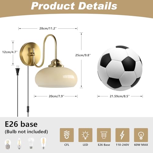 KCO Lighting Glass Globe Plug in Wall Sconces Vintage Goose Neck Wall Lamps Plug in Brass Gold Kitchen Wall Light Fixtures for Living Room Bedroom - color: Yellow