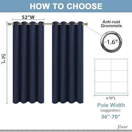 Diraysid Navy Blue Grommet Blackout Curtains for Bedroom Thermal Insulated Room Darkening Curtains Drapes, 52 x 54 inch, 2 Panels - color: Navy Blue, size: 52"W x 54"L (Pack of 2)