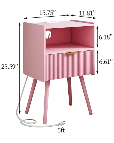 Nightstand with Oultlet,Modern Bedside Table with Storage Drawer and Open Wood Shelf, for Living Room, Bedroom and Small Spaces, Accent Night Stand with Solid Wood Legs, Easy Assembly,Pink - color: Pink-outlet