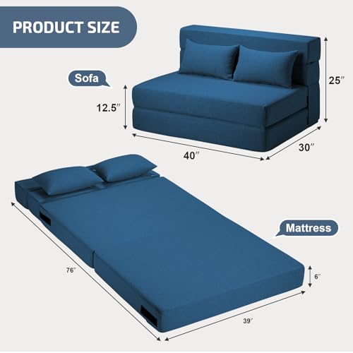 SUYOLS Folding Sofa Bed with Pillow- Convertible Chair Floor Couch & Sleeping Mattress, Foldable Memory Foam Sleeper for Living Room/Dorm/Guest Room/Home Office/Apartment/Loft,Twin,Navy Blue - color: Navy Blue, size: Twin