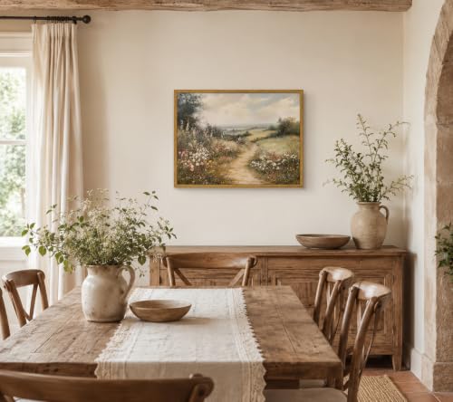 Framed Countryside Landscape Canvas Wall Art Print farmhouse Wildflower Meadow Poster Image Vintage Style Farmhouse Artwork for Gallery or Living Room Decor 16x24 Inch Ready to Hang - color: Colorful wildflowers country road, size: 16x24 Inch