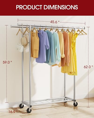 Sakugi Mobile Double Rod Clothes Rack, Freestanding Garment Organizer with Medium Load Capacity and Bottom Storage Shelf for Home Use,Silver - color: Silver, size: 45.6" x 16.9" x 62"(2 Rods)