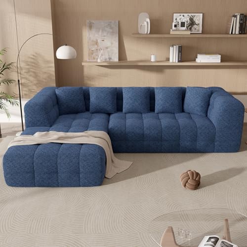 107" Modern Boneless Couch with L - Shaped Chaise, Comfy Chenille Modular Sectional Sofa with Tufted Design, Deep Seat Upholstered Sofa Bed, No - Assembly Sectional Couch, Blue - color: Blue