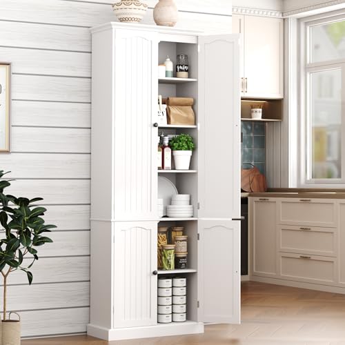 Function Home 182.9cm(72인치) 주방 식료품 저장실 캐비닛, 문과 조절 가능한 선반이 있는 높은 목재 보관 캐비닛, 주방 다이닝 룸 거실 욕실용 6단 독립형 찬장, 화이트 - color: 화이트., size: 24"Wx11.81"Dx72"H