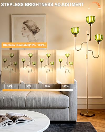 Lightdot Dimmable Green Glass Floor Lamp Mid Century Modern Gold Floor Lamps with Warm White Bulbs Included 3-Arm Standing Tall Lamp with 5Lbs Heavy Base for Living Room/Bedroom/Home Office - color: 3 Green Tulip-Gold
