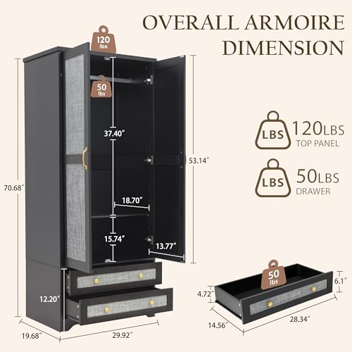 71" Wooden Armoire Wardrobe Closet Set of 2, 4 Doors & 4 Drawers | Modern Tall Storage Cabinet with 2 Adjustable Shelves and Hanging Rail, Sturdy Freestanding, Wide Drawers, For Bedroom - color: Black, size: 71" - 4 DOORS