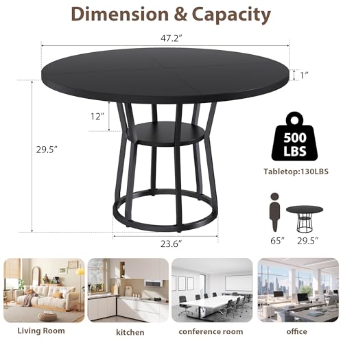 Garvee 47" Round Dining Table for 4-6 with Storage Shelf, Black | Heavy-duty steel base, waterproof built-in storage shelf with Metal Legs - color: Black, size: R-Shape