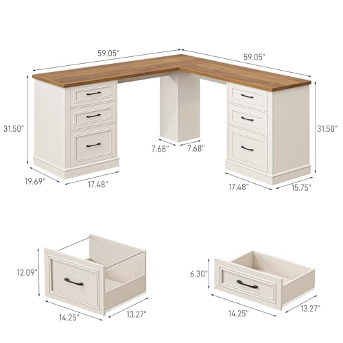 Vabches Farmhouse 59" L-Shaped Executive Desk with File Drawer,Unique White | Wood Corner Desk Sturdy Writing Workstation with Storage Drawers, Rustic Computer Writing Desk for Home Office & Study