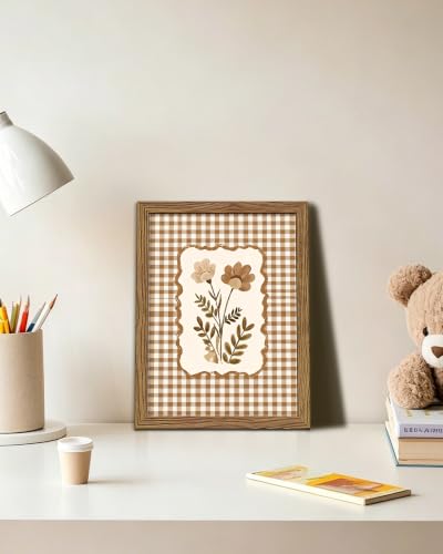 Vintage Floral Wall Art Canvas Framed Poster Painting Print Picture, Rustic Gingham Botanical Art Decor, Cottagecore Flower Illustration Farmhouse Neutral Wall Decor for Living Room Bedroom Kitchen Home 8x10 Inch - color: A-Flower, size: 10"L x 8"W