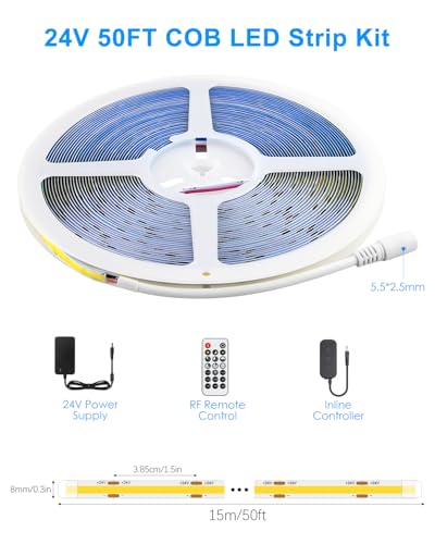 ALITOVE 50FT COB LED Light Strip 24V with Remote Bright White Strip 6500K | Bluetooth APP Control, Dimmable Dotless LED Tape Light. Flexible Rope Light, for Office Home Kitchen Cabinet DIY Lighting - color: 6500K Cold White, size: 50FT