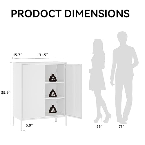 COFaR White Metal Storage Cabinet, 40” Kitchen Buffet & Coffee Bar Cabinet with Adjustable Shelves, 3-Tier Steel Organizer with Magnetic Doors, Sideboard for Dining Room, Home Office - color: White, size: 40"H