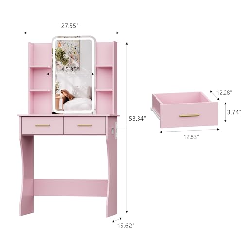 HUANLEGO Small Pink Vanity Desk with Mirror and Lights for Women Girls | Vanity Mirror with Lights, 3 Lighting Adjustable, LED Light Strips, Built-in Power Outlet, Compact Dressing Table For Girls - color: Pink, size: 27.56x15.55x51.30 in
