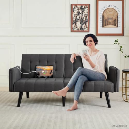 65'' Convertible Futon Sofa Bed with USB, Small Couch for Living Room | Sleeper Sofa, Adjustable Folding Couch with Tufted Design and 2 USB Ports, Bedroom Apartment Office, Dark Grey - color: Dark Grey