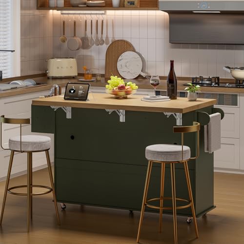 60" Kitchen Island with Power Outlet & Drop Leaf, Rolling Island with Spice Rack & Towel Rack, Kitchen Island Cart with Trash Storage Cabinet, Island Table for Kitchen, Green - color: Green