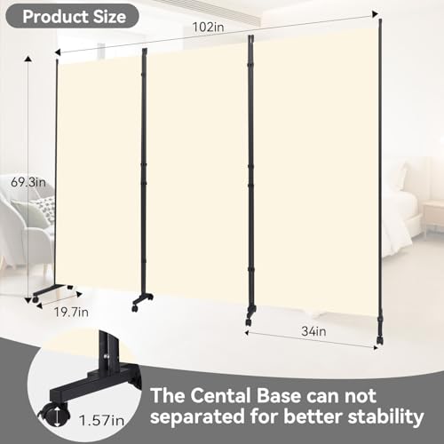 Folding Room Divider W/Wheels,Heavy Duty Base Privacy Screen Separator | 360° Smooth Lockable Rolling Wheels,Foldable Freestanding Wall Divider,Easy Movable Partition for Room Separation - color: Beige, size: B-102''-3 Panel