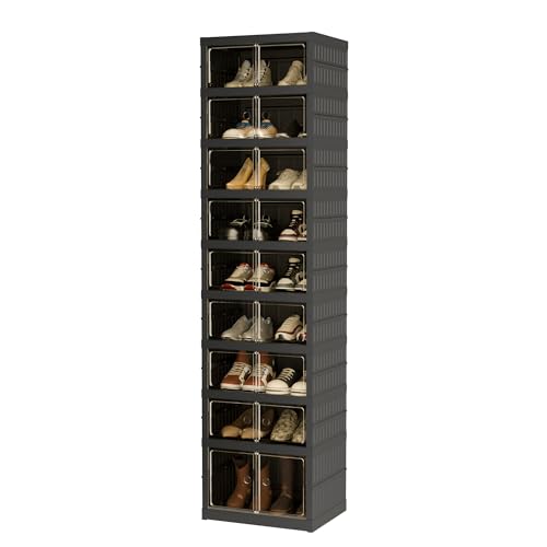 Foldable Shoe Organizer Storage Box, Portable Extra Large Folding Shoe Rack for Closet, Shoe Storage Box with Magnetic Transparent Door and Wheels, 9 Layers 18 Grids with 2 Big Grids - size: Black 9 Layers-B