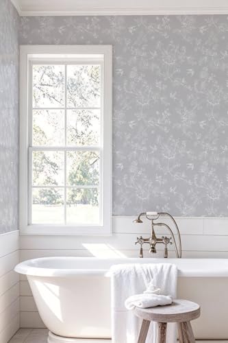 Simon&Siff Grey and White Vintage Floral Birds Peel and Stick Wallpaper | 1200" x 17.3" Removable Self Adhesive Waterproof Contact Paper, Renter Friendly Wall Paper for Cabinets, Furniture, DIY Decor - color: Grey and White, size: 17.3" x 1200"