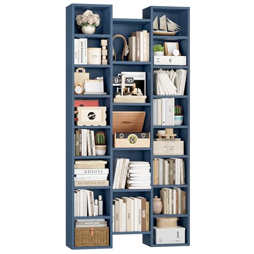 FOTOSOK 71'' H Bookshelf with 21 Cubes, Triple Wide Tall Bookshelf Blue | 8 Tier Bookcase with 8 Adjustable Shelves, Large Bookshelf DVD/CD Media Tower Storage, Freestanding Display Shelf Cabinet - color: Blue