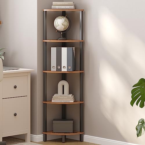 VIMBER Corner Shelf, 5-Tier Corner Bookshelf, Industrial Corner Ladder Shelf, Rustic Display Shelf for Living Room, Bedroom, Kitchen, Home Office, Rustic Brown and Black UJSJ001H - color: Rustic Brown and Black, size: 5-Tier without LED