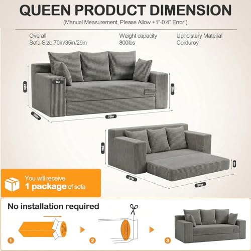 Oversize Loveseat Boneless Convertible Sofa Bed, Folding Floor Futon Sleeper Sofa Queen Size Couch Bed- Boneless Foldable Couch, Corduroy Pull Out Sofa Bed with 5 Pillows for Living Room & Bedroom - color: Grey, size: 70''(Queen)