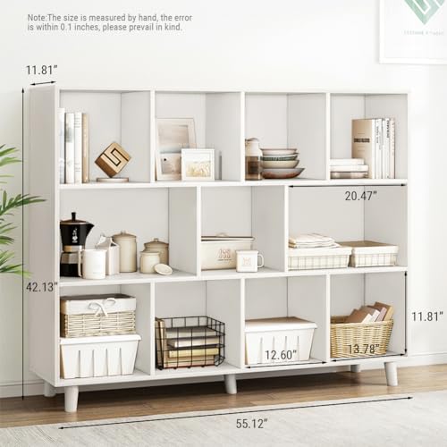 IOTXY Open Cubes Low Bookcase - 3-Tier 11-Cube Short Bookshelf in White | Nordic Minimalist Style, MDF Material, Solid Wood Legs, Deep Storage Cubes, Free Standing Wooden Cabinet Organizer Unit - color: White, size: 3-Tier 11-Cubes