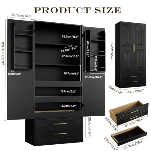 Gyfimoie 66" Kitchen Pantry Cabinet with 3 Pull Out Shelves & Deep Drawers, Tall Storage Cabinet with 6 Door Shelves & Adjustable Shelf, Freestanding Cupboard for Dining Room, Living Room,Black - color: Black
