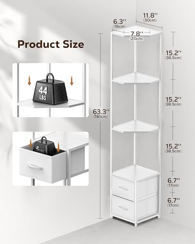 Housolution 6 Tier Corner Shelf Stand with Storage and Fabric Drawers,White | 63.4'' Tall Narrow Corner Bookshelf, Freestanding Corners Storage Shelf for Living Room Bedroom Small Space - color: 1-white, style: 6 Tier