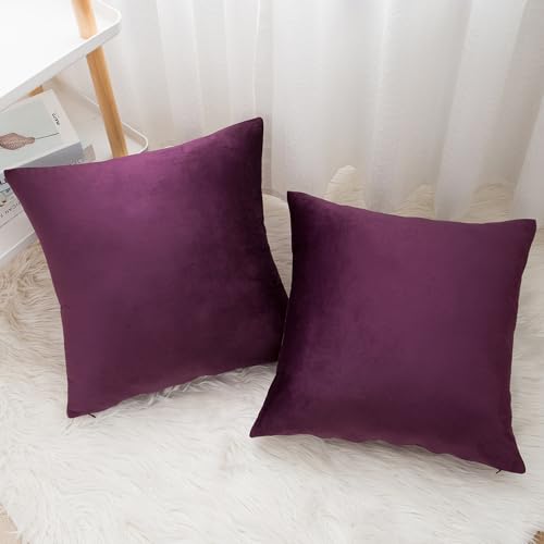 Velvet Decorative Throw Pillow Covers, Soft Square Cushion Case Home Decor for Living Room Couch Bed Sofa, Set of 2 Pack, Eggplant Purple, 18x18 Inch - color: Eggplant Purple, size: 18" x 18" (Pack of 2)