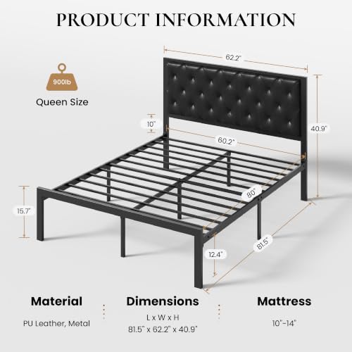 SHA CERLIN Queen Size Metal Bed Frame with PU Tufted Headboard, Black | Modern Design Heavy-Duty Platform Bed, No Box Spring Need, PU Leather Upholstery, Noise Free, Easy Assembly - color: Black, size: Queen