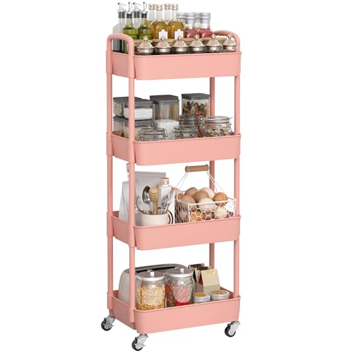 Sywhitta 4-Tier Plastic Rolling Utility Cart with Handle, Multi-Functional Storage Trolley for Office, Living Room, Kitchen, Movable Storage Organizer with Wheels, Pink | Multi-Functional Storage Trolley, for Office, Living Room, Kitchen, Bathroom,Movable