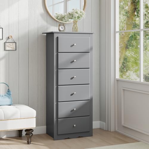 GIANTEX 6-Drawer Dresser for Bedroom, Wooden Chest of Drawers w/Metal Handles & Large Capacity, 16" D x 23" W x 53.5" H Clothes Organizer, Modern Tall Dresser for Bedroom, Entryway, Living Room - color: Grey