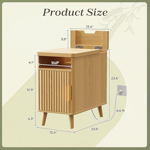 Huuger Narrow End Table with Charging Station, USB-C Port | Fluted Nightstand with Storage Cabinet, Back Rack, Farmhouse Side Table for Small Spaces, Night Stand, Walnut - color: Natural Wood