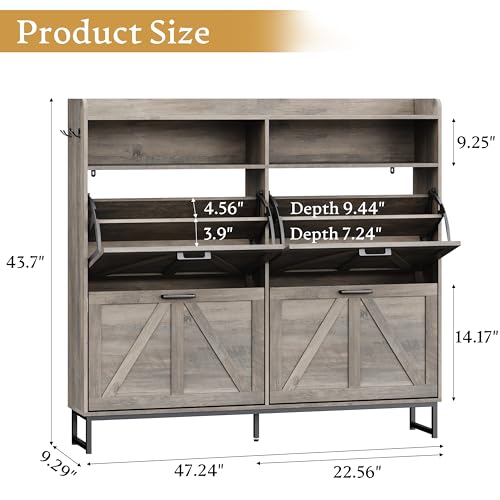 Shoe Cabinet Storage for Entryway, Shoe Storage Cabinet with 4 Flip Drawers, Freestanding Narrow Shoe Rack Organizer with Metal Legs, Adjustable Shelves & Open Storage for Foyer, Hallway, Grey - color: Grey, style: 4 Drawers