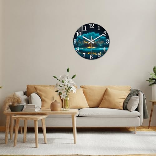 XNM Modern Decorative Glass Wall Clocks Battery Operated 12 Inch | Teal Tree of Life Wall Clocks for Living Room Kitchen Bedroom Office Decor Natural Landscape Analog Wall Clock Silent - color: Teal 15, size: 12 Inch