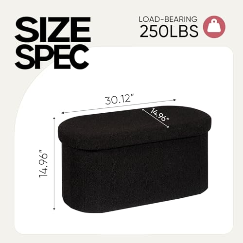 30 Inches Oval Ottoman with Storage, Boucle Sherpa Storage Ottoman Bench, Folding Foot Rest Chest for Bedroom Living Room - color: Black, size: 30.1"D x 15"W x 15"H