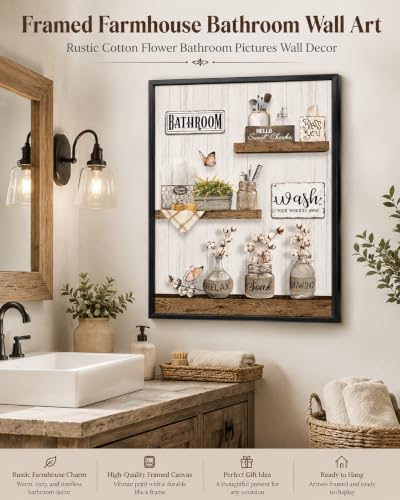 Framed Farmhouse Bathroom Wall Art Rustic Cotton Flower Bathroom Pictures Wall Decor Vintage Relax Soak Unwind Sign Painting Country Flower Bath Canvas Prints For Washroom Home Painting 16x12 Inch - color: brown2, size: 12"L x 16"W