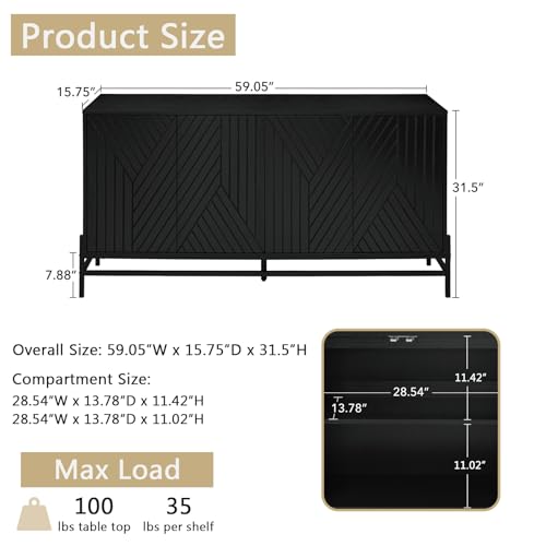 Sideboard Buffet Cabinet with Storage, Modern Credenzas for Living Room, Carved 4 Door, Coffee Bar Accent Cabinet with Adjustable Shelf for Living Room, Kitchen (Blcak) - color: Black-2
