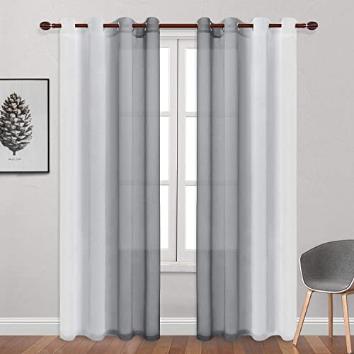 DWCN Grey Faux Linen Ombre Sheer Curtains - Semi Voile Gradient Grommet Top Curtains for Bedroom and Living Room, Set of 2 Window Curtain Panels, 52 x 84 Inches Long - color: Grey, size: 52"W x 84"L (Pack of 2)