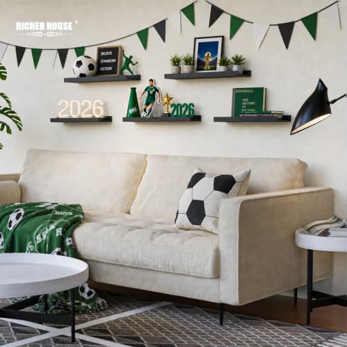 RICHER HOUSE 5-Set Floating Shelves with Lip, Black Wall Mounted Wood Shelf | Display Picture Ledge Shelf, Anti-drop lip Shelf for Room Wall Decor, Bedroom Bathroom Storage Nursery Books, Easy Setup 16in - color: Black